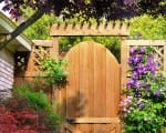 Color, balance and an attractive gate creates a pleasing entrance to the garden from the front Sideyard gate with arbor